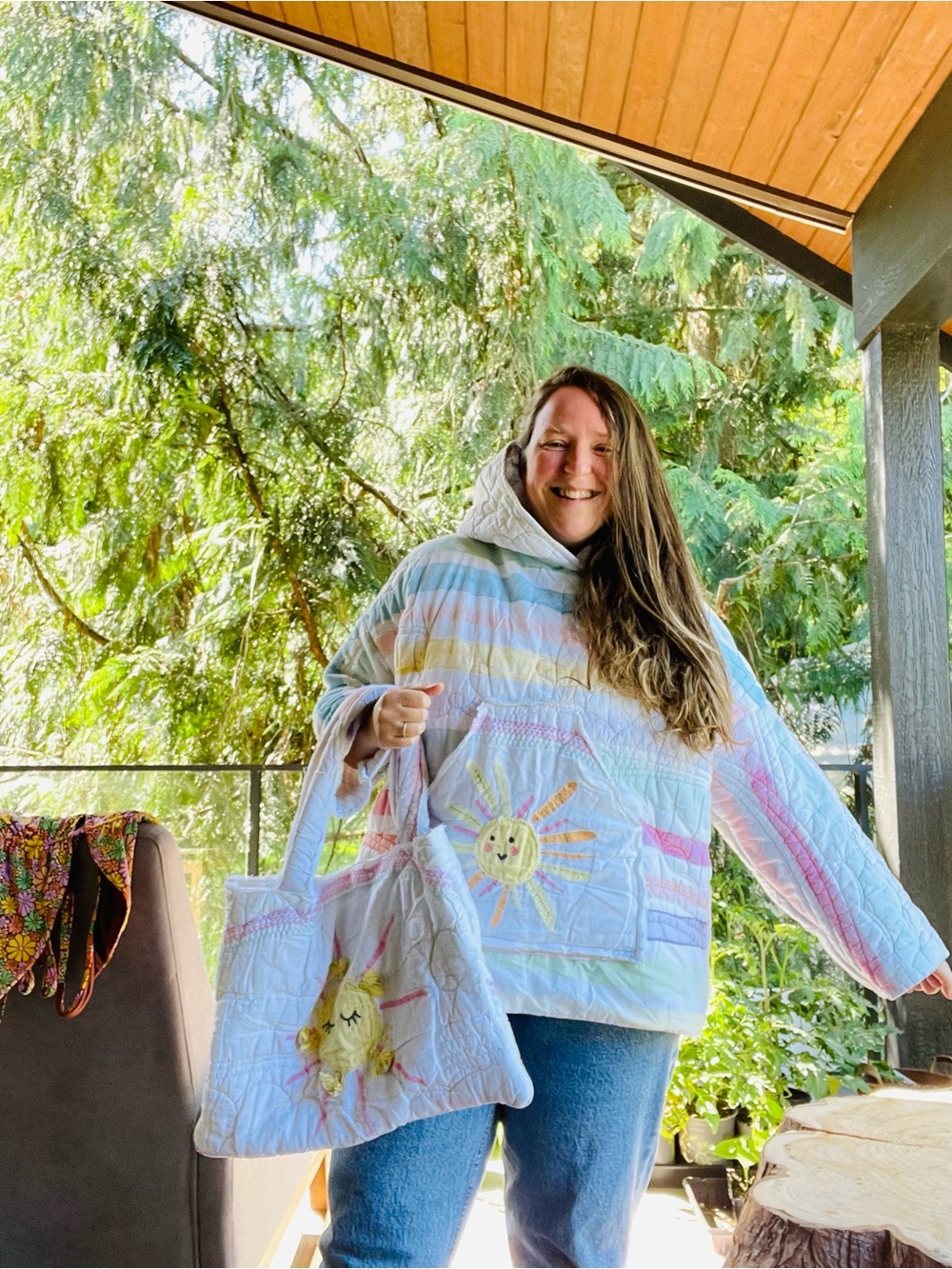 Handmade rainbow/sunshine quilt hoodie OS